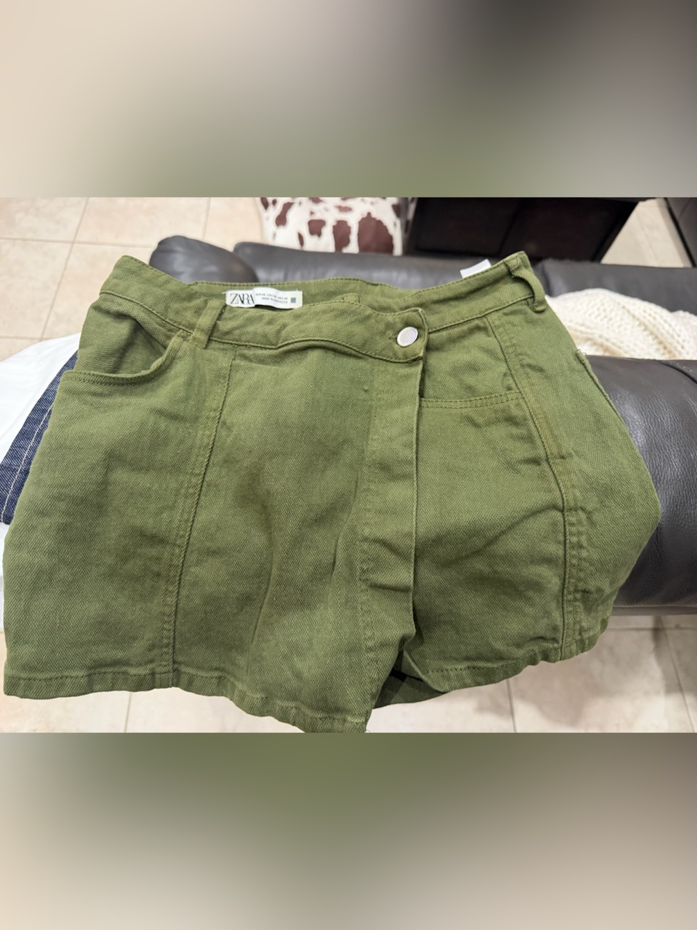 Zara Kids Olive Green Casual Cotton-Blend Shorts